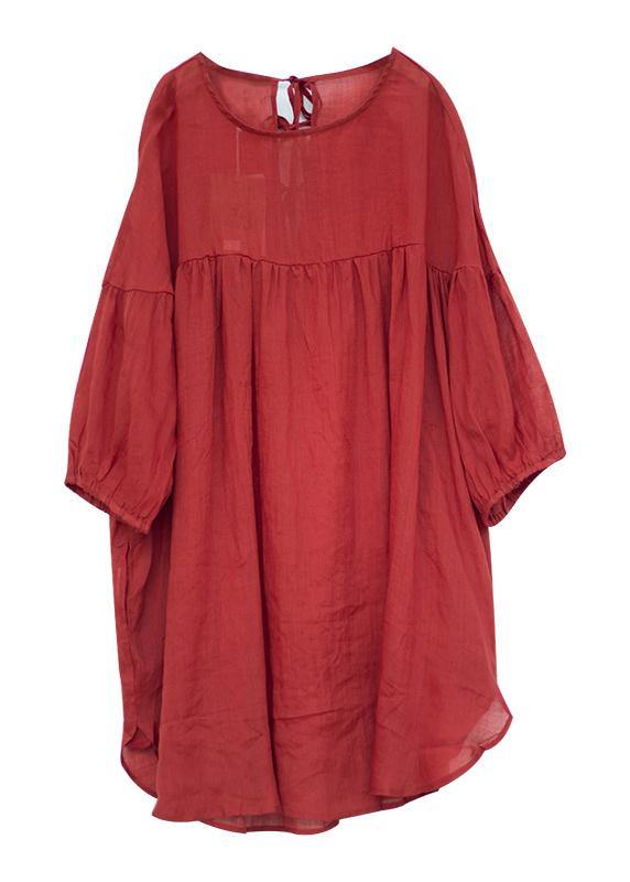 DIY o neck Cinched linen summer Blouse Shape red shirts