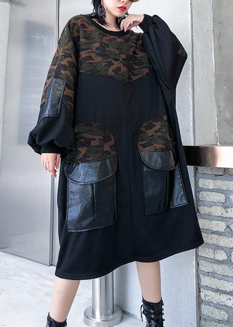 Diy Patchwork Cotton Big Pockets Tunics for Fabrics Black O Neck Dress