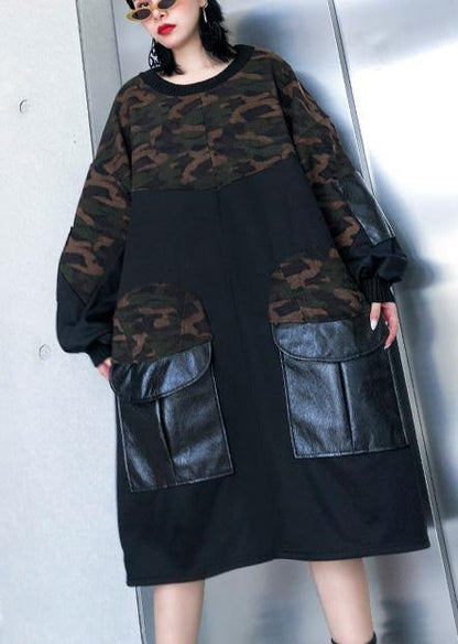 Diy Patchwork Cotton Big Pockets Tunics for Fabrics Black O Neck Dress