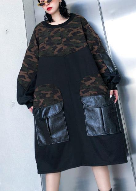 Diy Patchwork Cotton Big Pockets Tunics for Fabrics Black O Neck Dress