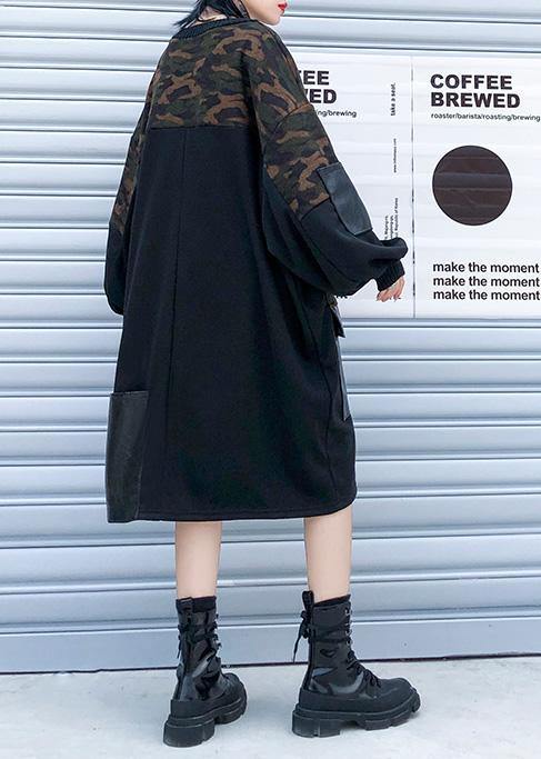Diy Patchwork Cotton Big Pockets Tunics for Fabrics Black O Neck Dress