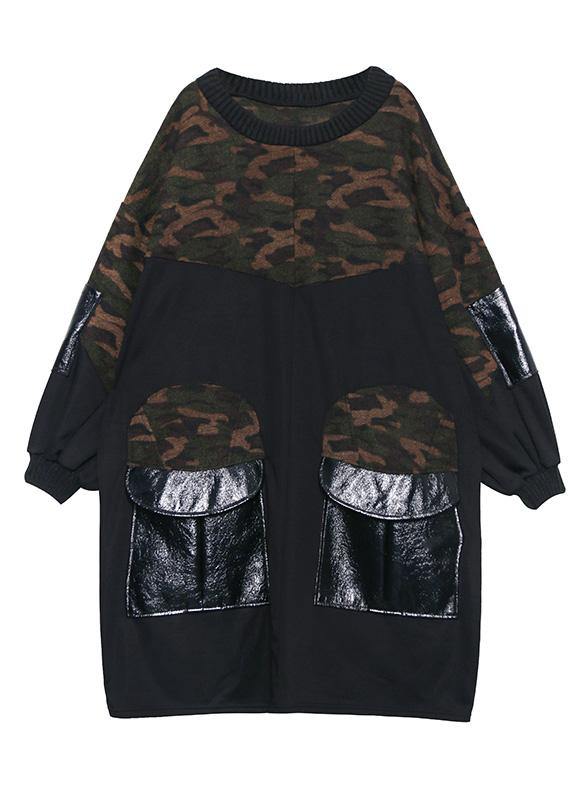 Diy Patchwork Cotton Big Pockets Tunics for Fabrics Black O Neck Dress