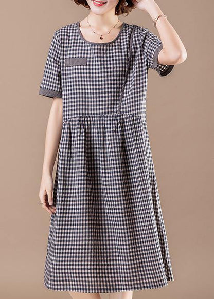 Diy Patchwork Pockets Cotton Quilting Dresses Stylish Shape Blue Plaid Baggy Dress Summer
