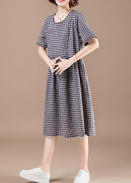 Diy Patchwork Pockets Cotton Quilting Dresses Stylish Shape Blue Plaid Baggy Dress Summer