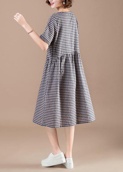 Diy Patchwork Pockets Cotton Quilting Dresses Stylish Shape Blue Plaid Baggy Dress Summer