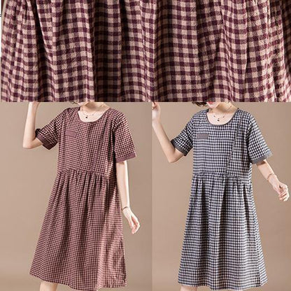 Diy Patchwork Pockets Cotton Quilting Dresses Stylish Shape Blue Plaid Baggy Dress Summer