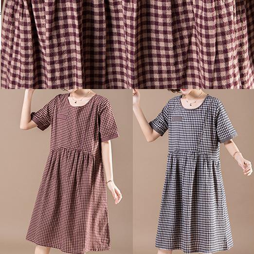 Diy Patchwork Pockets Cotton Quilting Dresses Stylish Shape Blue Plaid Baggy Dress Summer