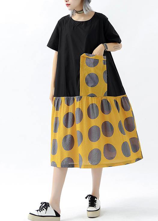 Diy Patchwork Pockets Cotton Linen Clothes Design Yellow Dotted Dresses Summer