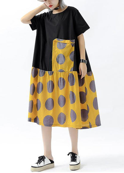 Diy Patchwork Pockets Cotton Linen Clothes Design Yellow Dotted Dresses Summer