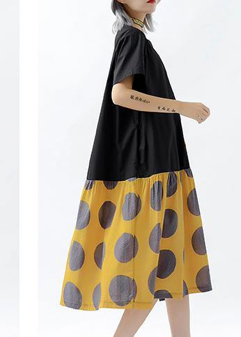 Diy Patchwork Pockets Cotton Linen Clothes Design Yellow Dotted Dresses Summer