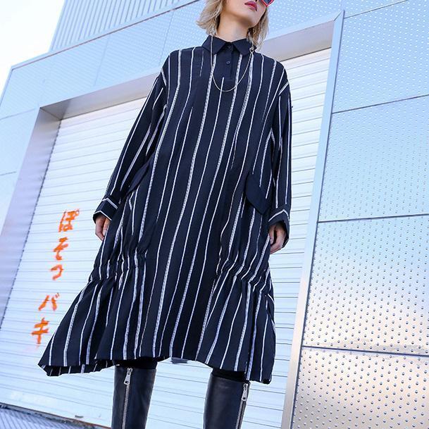 Diy Pockets Cotton Clothes for Fitted Shirts Black Striped Daily Dresses