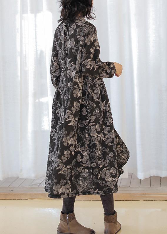 Diy Print Linen Cotton Outfit Stand Collar Cinched Cotton Fall Dress