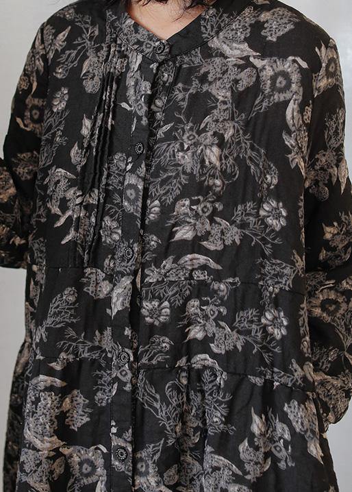 Diy Print Linen Cotton Outfit Stand Collar Cinched Cotton Fall Dress