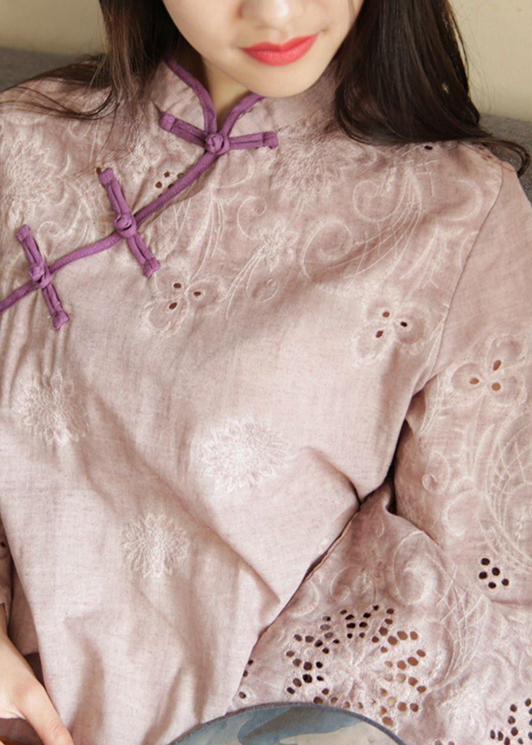 Diy Purple Cotton Clothes for Stand Collar Butterfly Sleeve Traveling Summer Dresses
