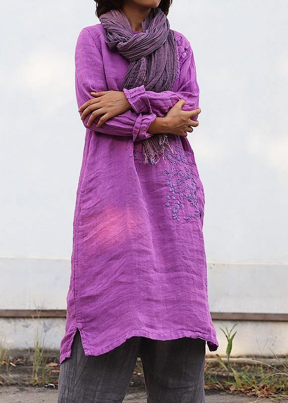 Diy Purple Linen Robes Embroidery Linen Robes O Neck Dresses
