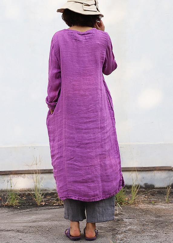 Diy Purple Linen Robes Embroidery Linen Robes O Neck Dresses