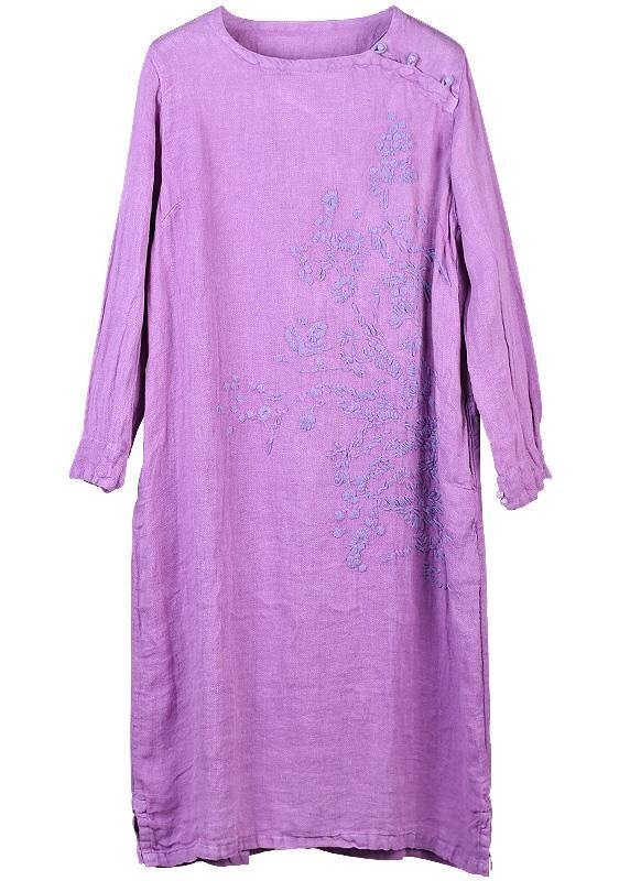 Diy Purple Linen Robes Embroidery Linen Robes O Neck Dresses