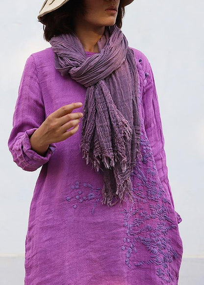 Diy Purple Linen Robes Embroidery Linen Robes O Neck Dresses