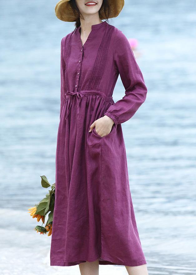 Diy Purple Linen Dresses Long Sleeve Dresses V Neck Dresses