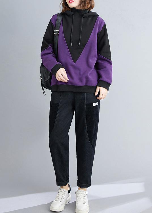 DIY purple top silhouette hooded patchwork oversized shirt