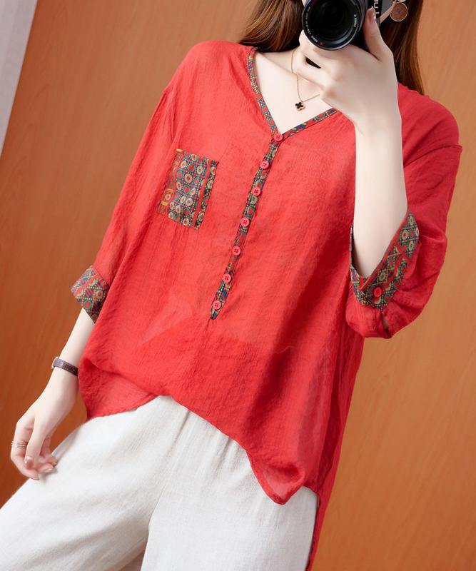 DIY red clothes For Women v neck patchwork oversized fall shirts