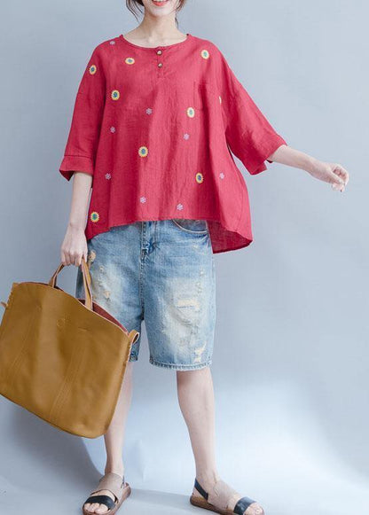 Diy Red O Neck Cotton Linen Tunic Pattern Photography Embroidery Summer Shirts