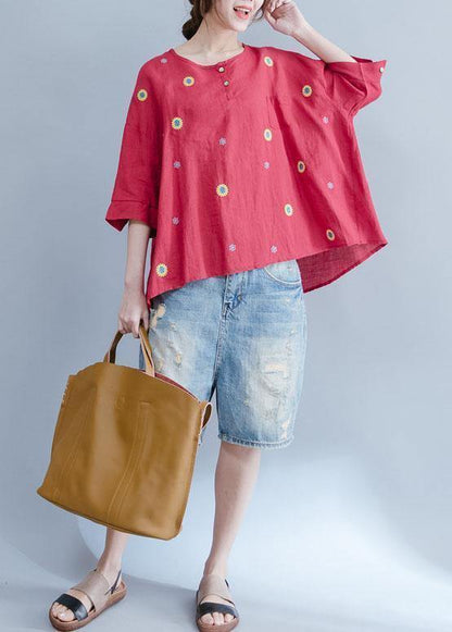 Diy Red O Neck Cotton Linen Tunic Pattern Photography Embroidery Summer Shirts