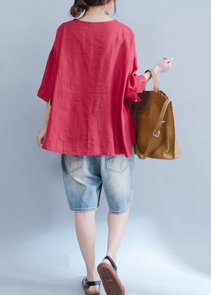 Diy Red O Neck Cotton Linen Tunic Pattern Photography Embroidery Summer Shirts