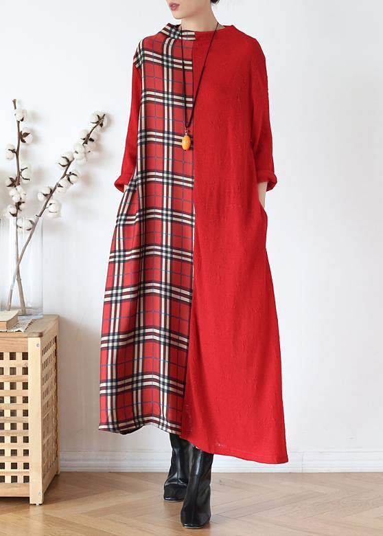 Diy Red Plaid Clothes for High Neck Patchwork Long Fall Dresses