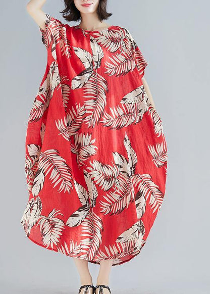 Diy Red Print Linen Cotton Soft Surroundings O Neck Pockets Loose Summer Dresses