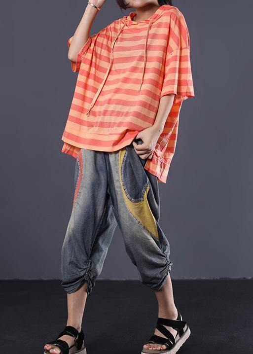 Diy Short Sleeve Cotton Tunic Top Shape Orange Stripe Shirts Summer