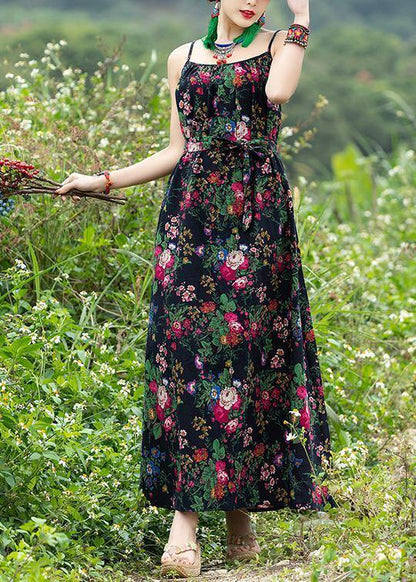 Diy Sleeveless Tie Waist Cotton Clothes Photography Black Print a Line Dresses Summer