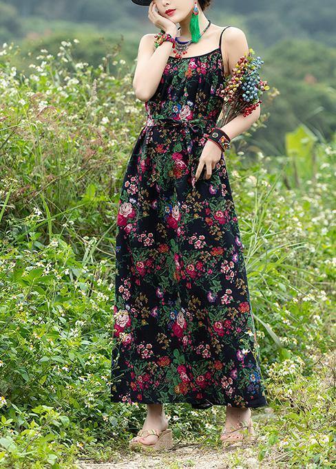 Diy Sleeveless Tie Waist Cotton Clothes Photography Black Print a Line Dresses Summer