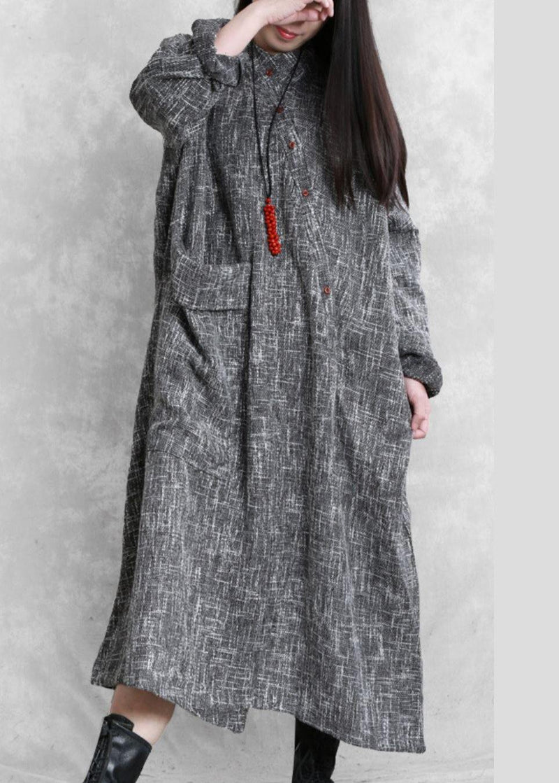 Diy Stand Collar Asymmetric Linen Dresses Pattern Gray Plaid Dress