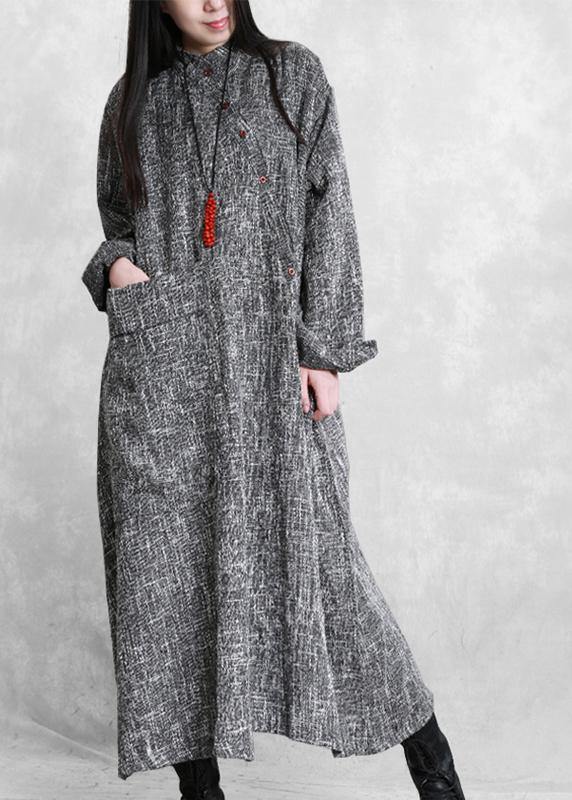Diy Stand Collar Asymmetric Linen Dresses Pattern Gray Plaid Dress