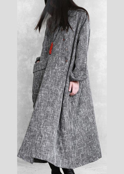 Diy Stand Collar Asymmetric Linen Dresses Pattern Gray Plaid Dress