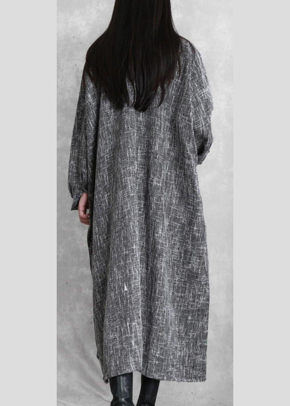 Diy Stand Collar Asymmetric Linen Dresses Pattern Gray Plaid Dress