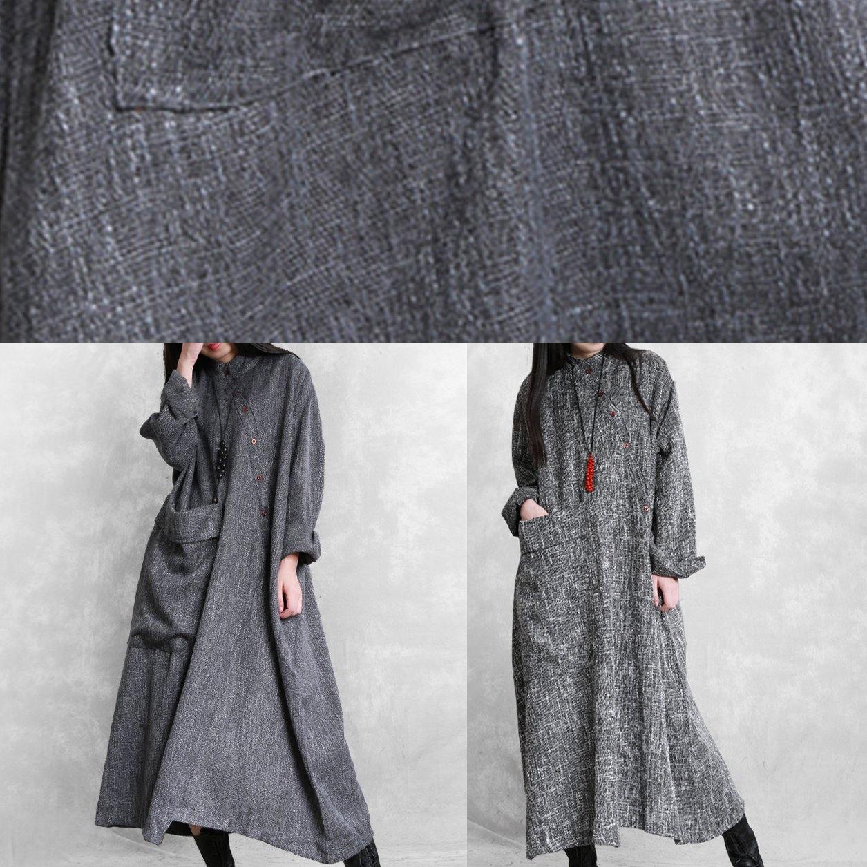 Diy Stand Collar Asymmetric Linen Dresses Pattern Gray Plaid Dress