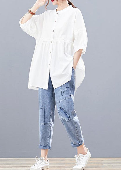 Diy Stand Collar Cotton Summerblouses for Photography White Tops