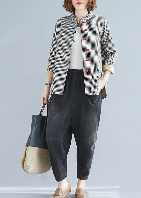 Diy Stand Collar Pockets Linen Blouse Gray Plaid Top
