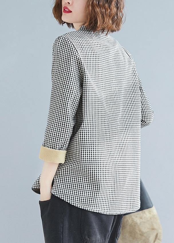 Diy Stand Collar Pockets Linen Blouse Gray Plaid Top