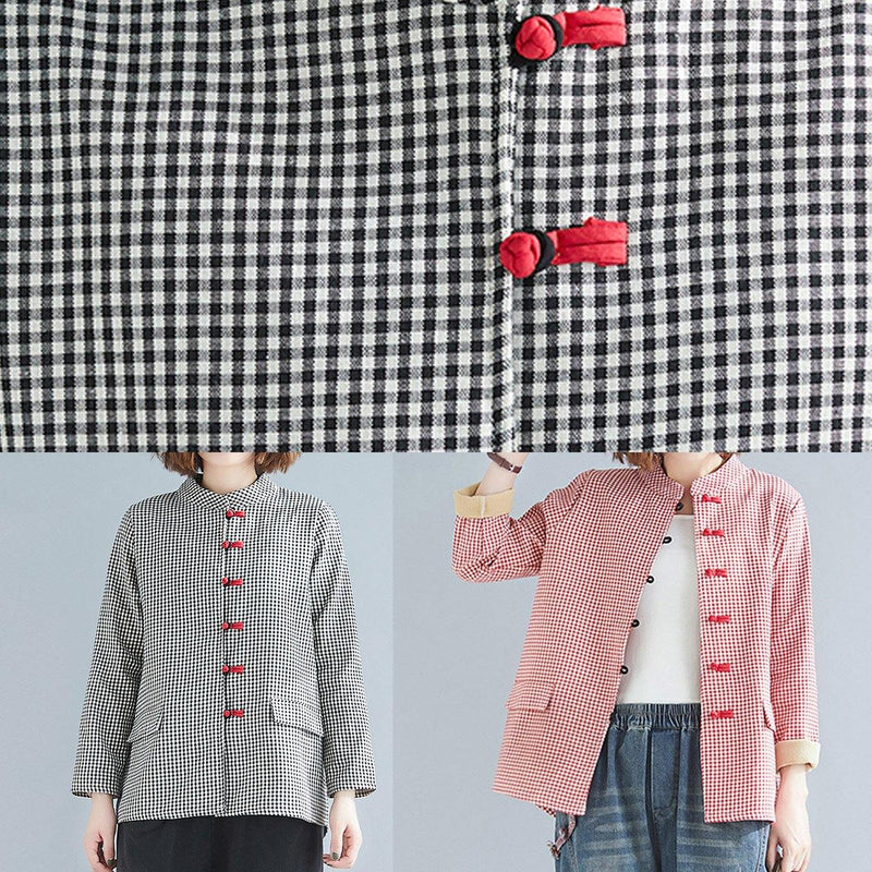 Diy Stand Collar Pockets Linen Blouse Gray Plaid Top
