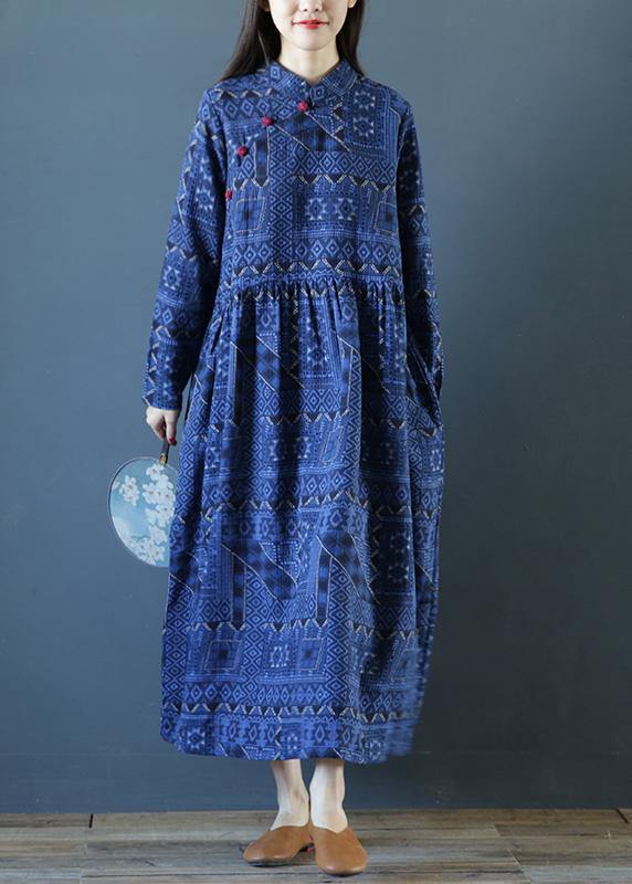 Diy Stand Collar Cinched Fall Dresses Outfits Blue Print Long Dresses