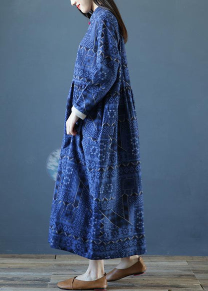 Diy Stand Collar Cinched Fall Dresses Outfits Blue Print Long Dresses
