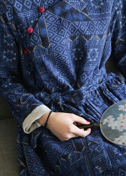 Diy Stand Collar Cinched Fall Dresses Outfits Blue Print Long Dresses