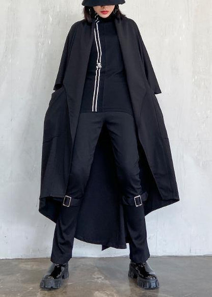 Diy Tie Waist Asymmetric Coat for Woman Black Art Coats