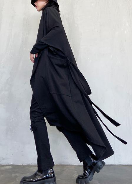 Diy Tie Waist Asymmetric Coat for Woman Black Art Coats