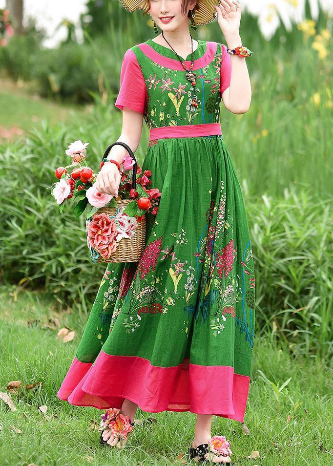 Diy Tie Waist Patchwork Cotton Quilting Dresses Runway Green Print Kaftan Dress Summer
