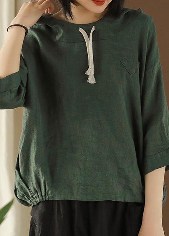 Diy Tunic Top Linen Summer Literary Army Green Hooded Three Quarter Sleeve T-shirt