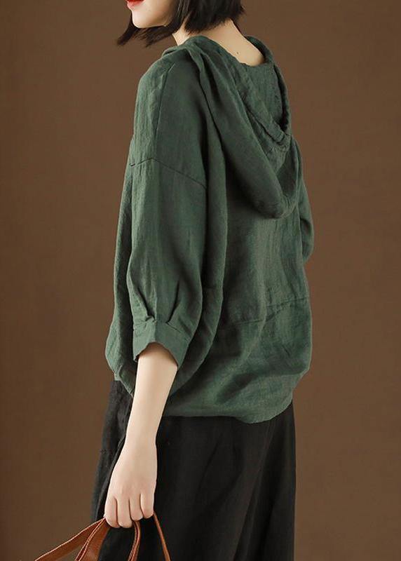 Diy Tunic Top Linen Summer Literary Army Green Hooded Three Quarter Sleeve T-shirt